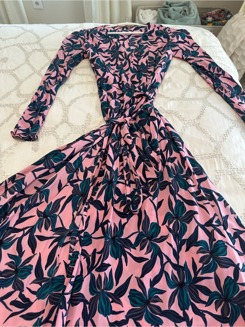 Diane Von Furstenberg Pink Midi Wrap Dress with Teal and Navy Floral Print - Picture 1 of 3
